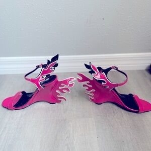 Hot Pink Ankle Strap Wedged Heels with Flames